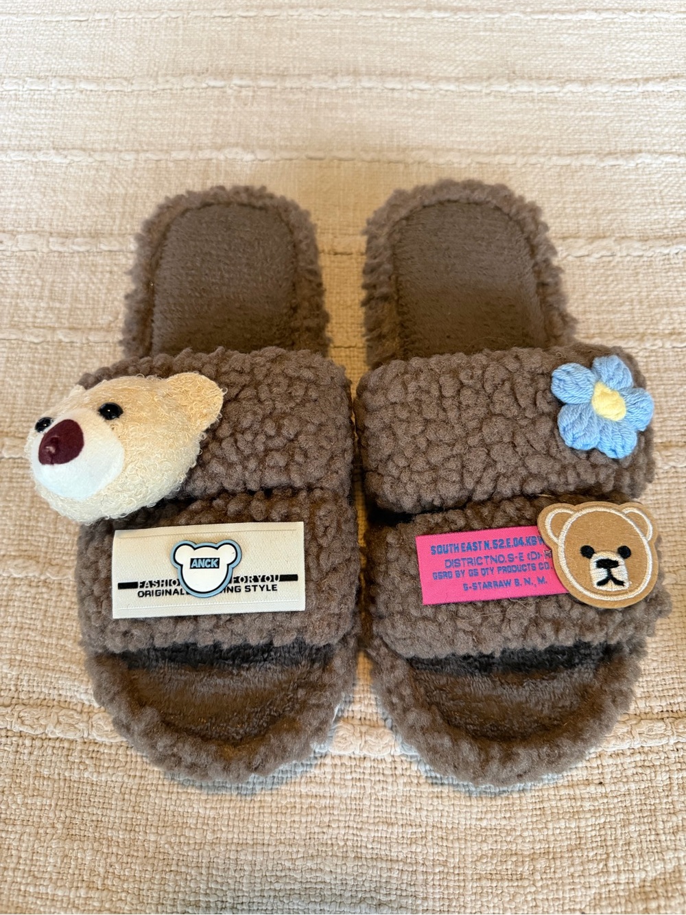 Brown Plush Bear Slide Slippers with Decorative Patches